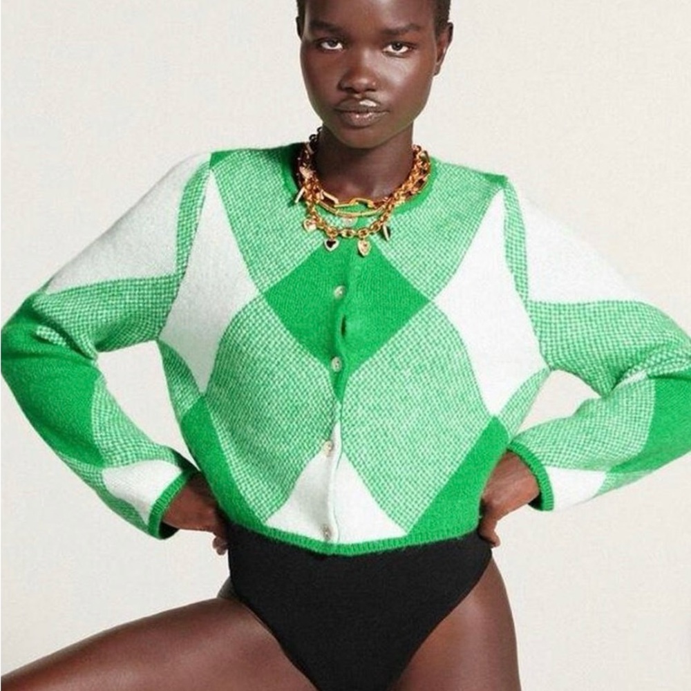 Zara Green and White Argyle Cardigan